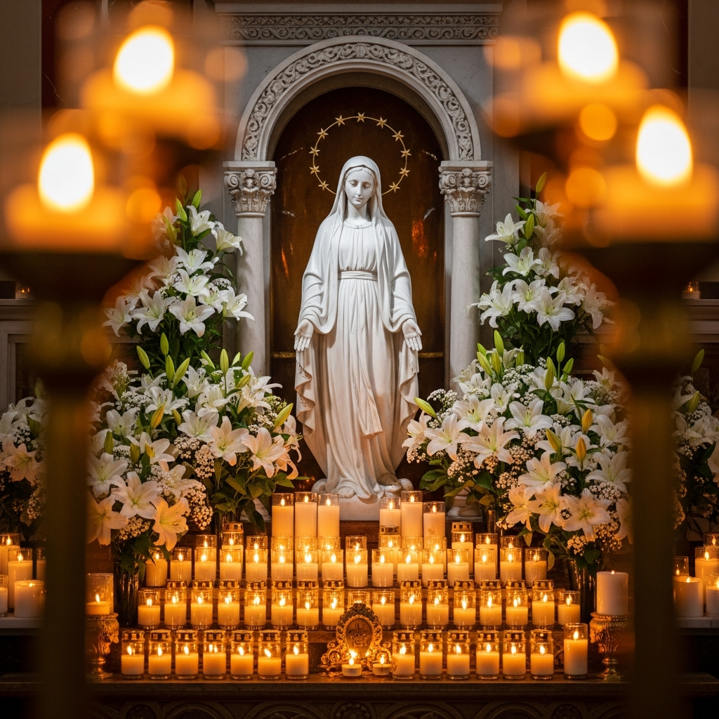 Marian shrine with candlelight at Madonna Missionaries