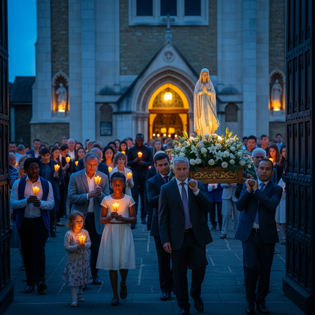 Diverse Madonna Missionaries parish community in a candlelit procession, carrying a statue of Our Lady at dusk.