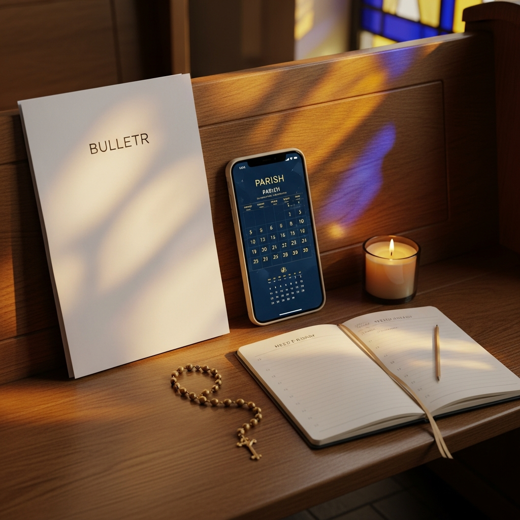 Parish bulletin, smartphone calendar and diary on a Madonna Missionaries pew — three ways to stay close to community life.