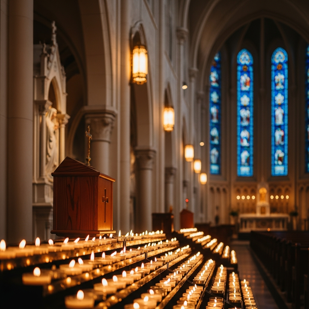 Diverse parishioners praying quietly at the Marian shrine of Madonna Missionaries, with glowing votive candles.