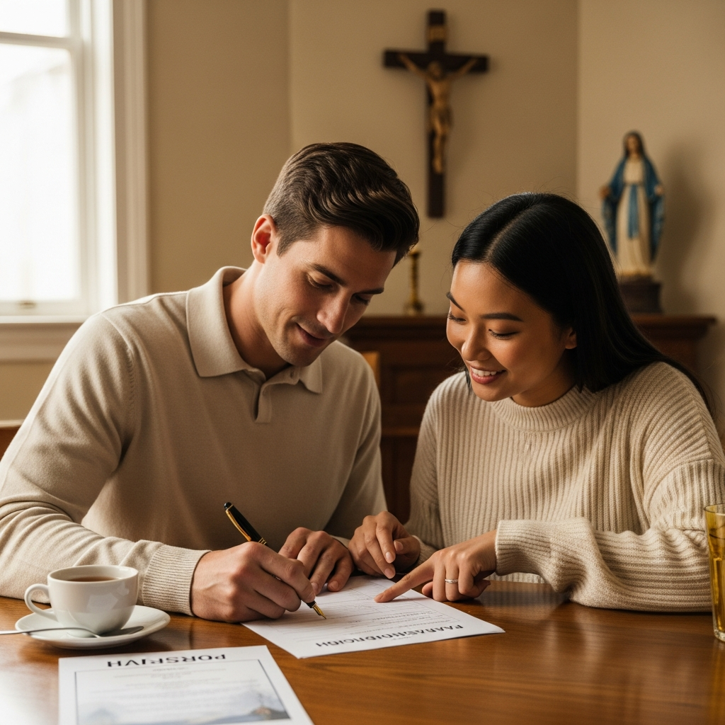 Young couple gently filling in a Madonna Missionaries parish registration form together at a wooden table.