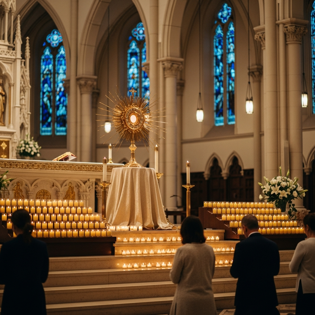 Gold monstrance displayed during Eucharistic Adoration at Madonna Missionaries, with parishioners kneeling in quiet prayer.