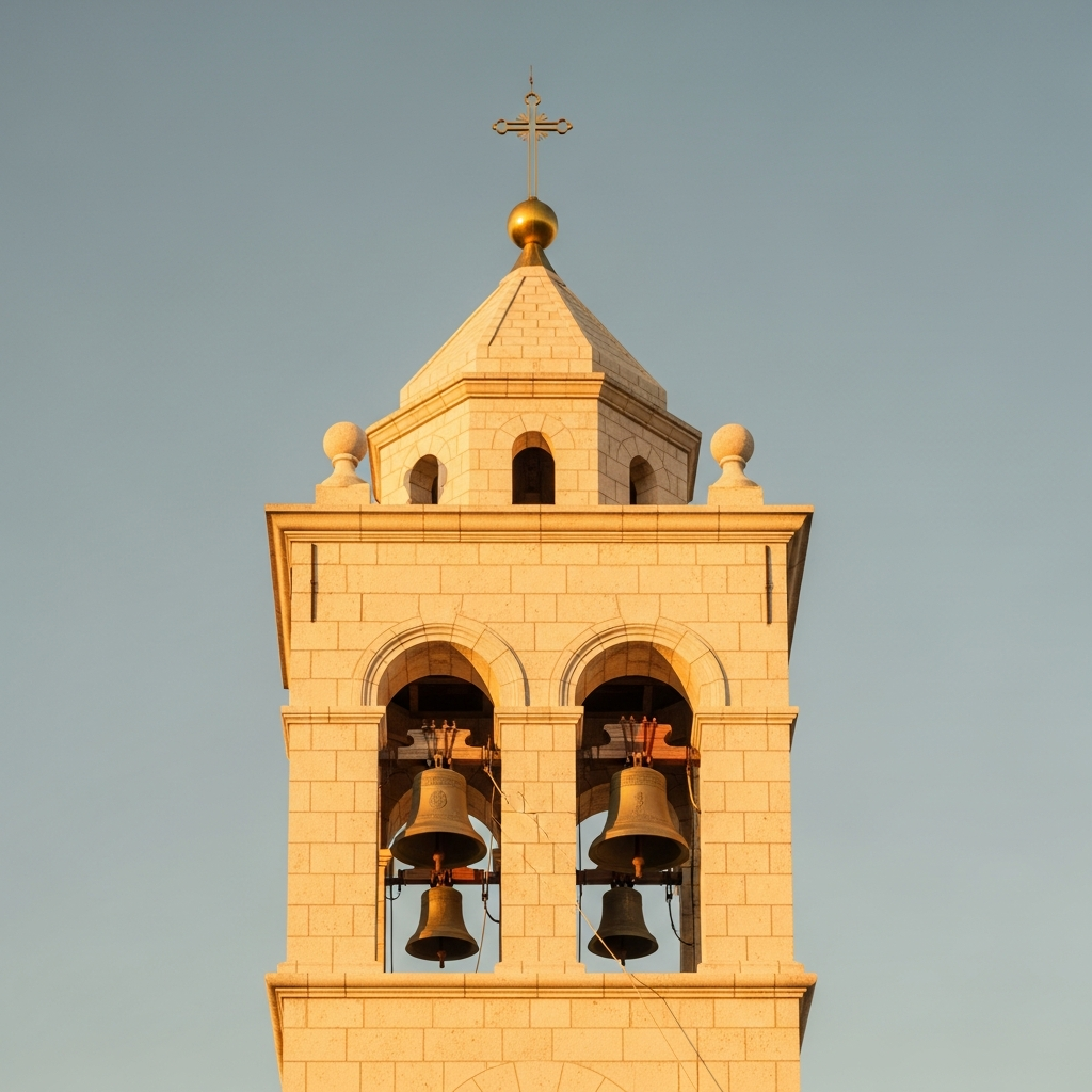 Church bell tower of Madonna Missionaries at golden hour, calling the faithful to Mass.