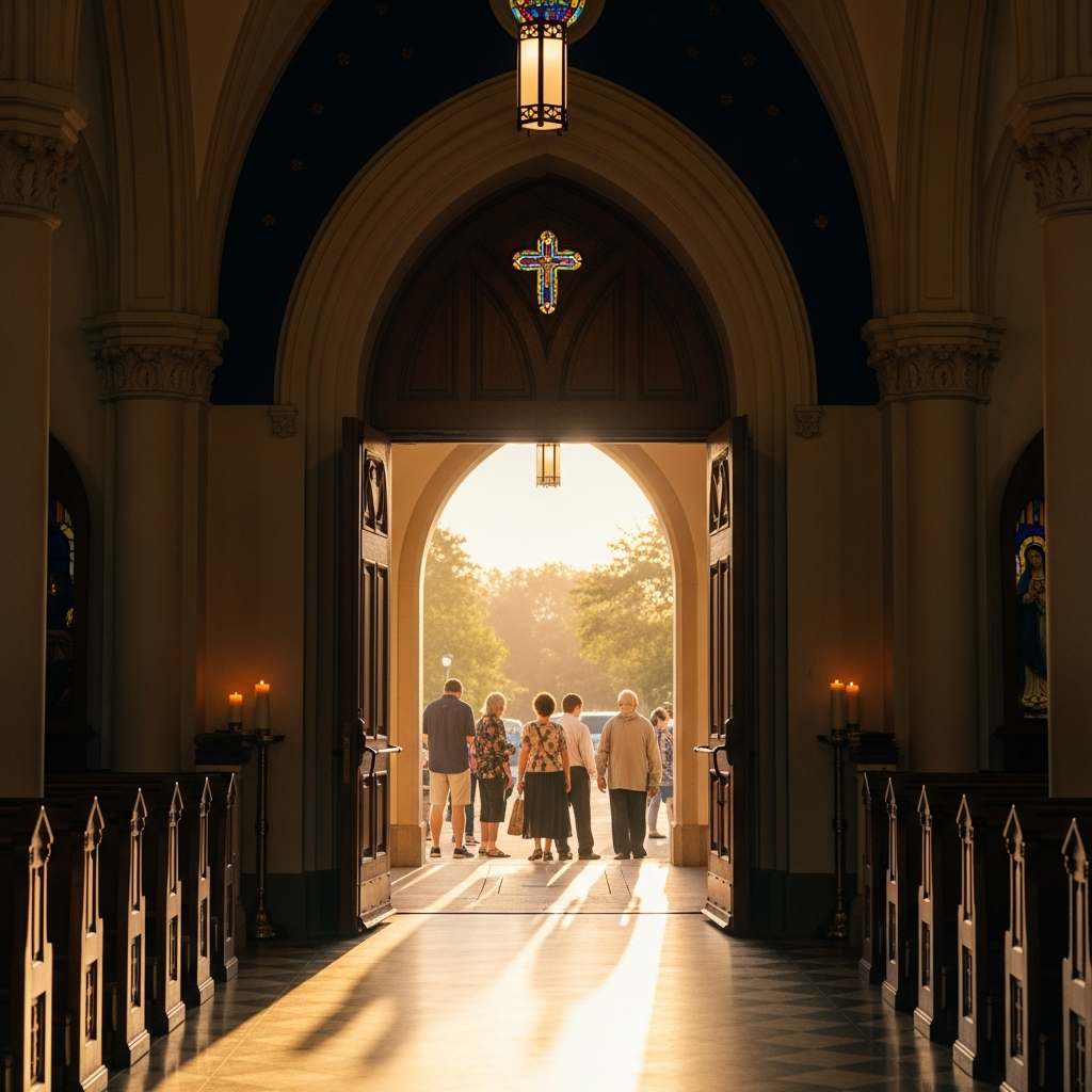 View through the open front door of Madonna Missionaries church at golden hour, parishioners arriving for Mass.