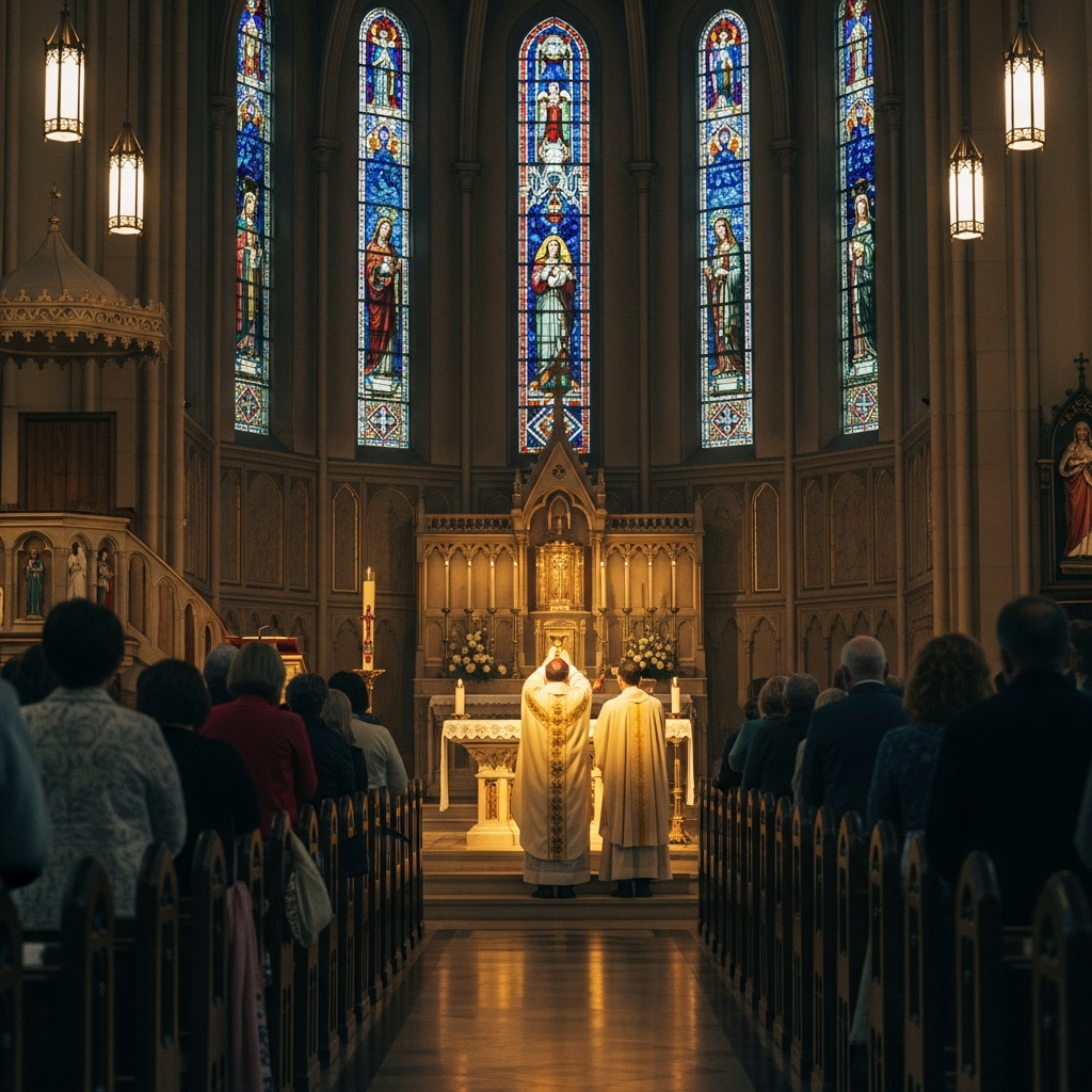 Priest raising the chalice during Mass at Madonna Missionaries, with a diverse congregation in reverent prayer.