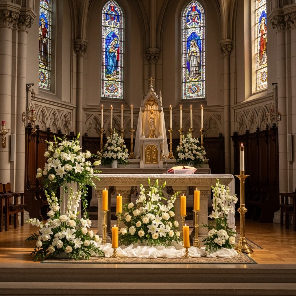 Madonna Missionaries sanctuary decorated for a great liturgical feast, with white lilies, candles and stained-glass light.