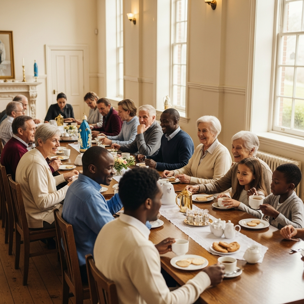 Diverse Madonna Missionaries parishioners sharing tea and conversation in the community hall after Sunday Mass.
