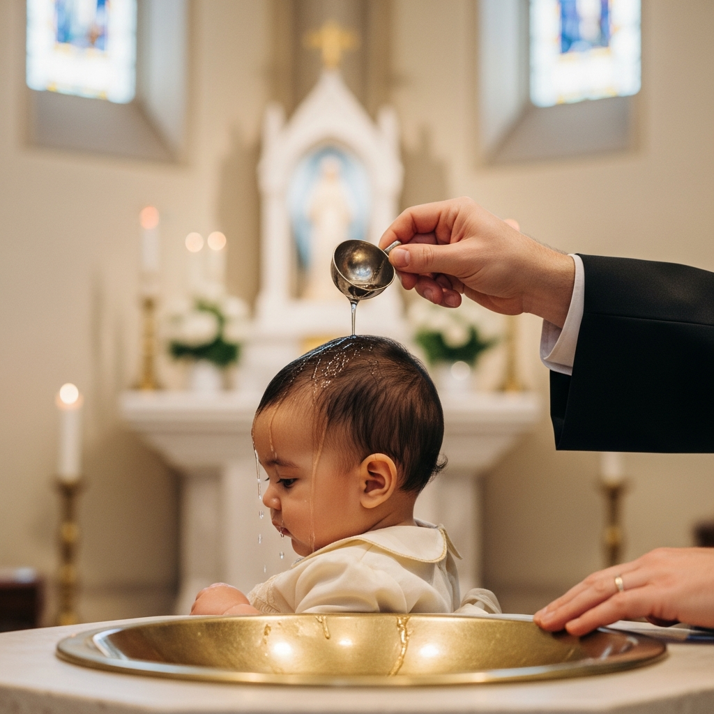 Infant being baptised by a priest at Madonna Missionaries, water poured from a silver shell over the child's head.
