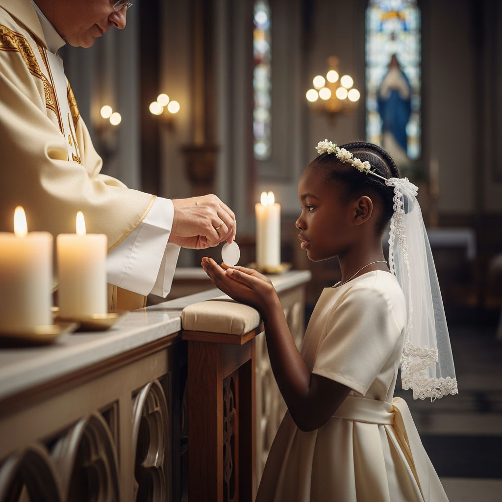 Young girl receiving her First Holy Communion at Madonna Missionaries, hands cupped reverently before the priest.