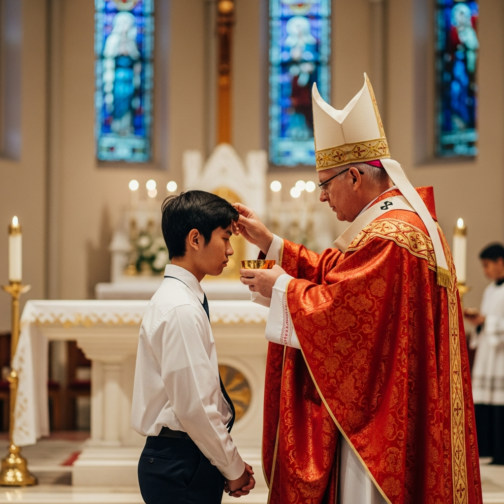 Teenager being confirmed at Madonna Missionaries, the bishop anointing his forehead with sacred chrism.