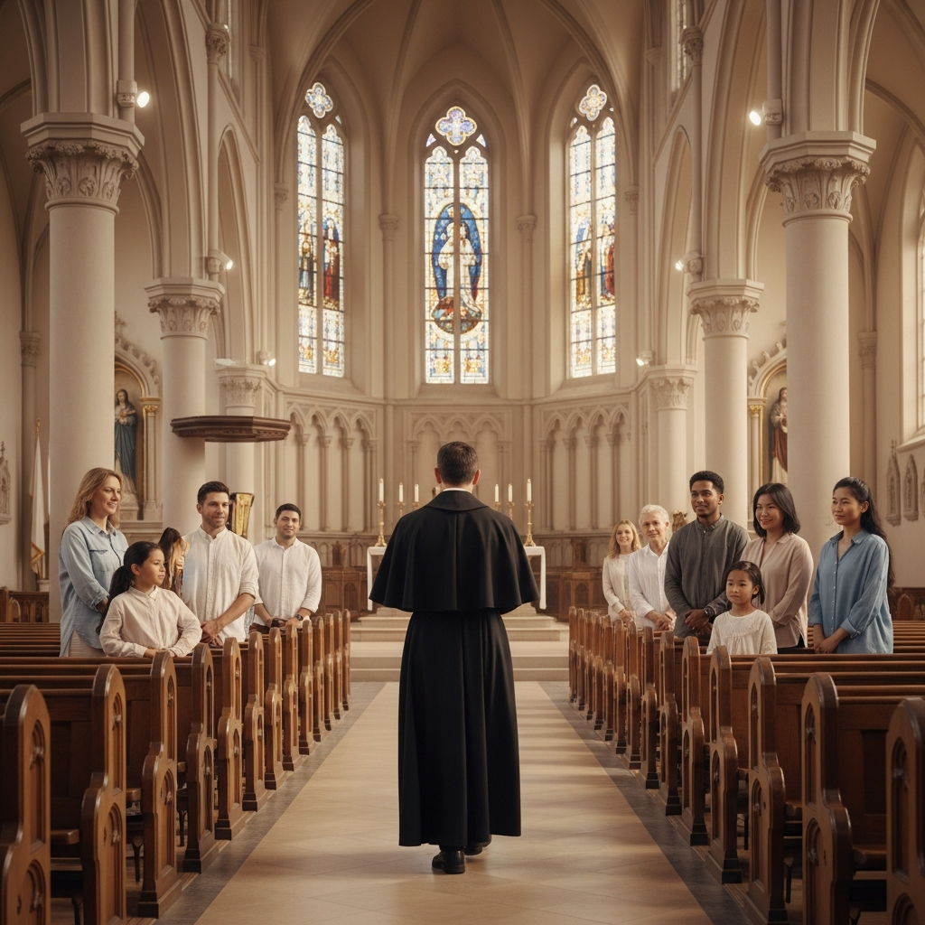 Priest walking down the aisle of Madonna Missionaries church to greet a diverse group of parishioners waiting in the front pews.