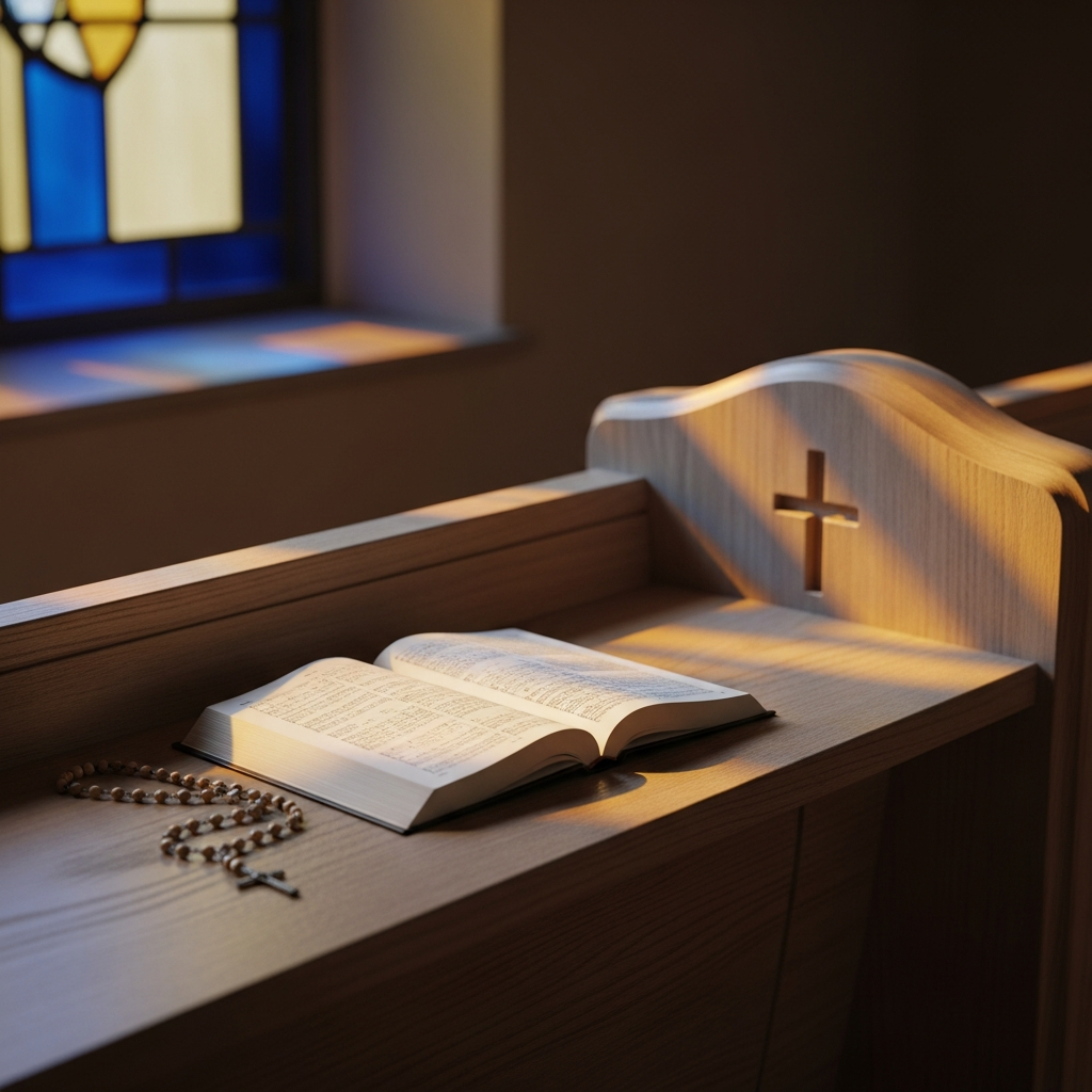 Open hymn book and rosary beads on a wooden pew at Madonna Missionaries, lit by gentle stained-glass colour.