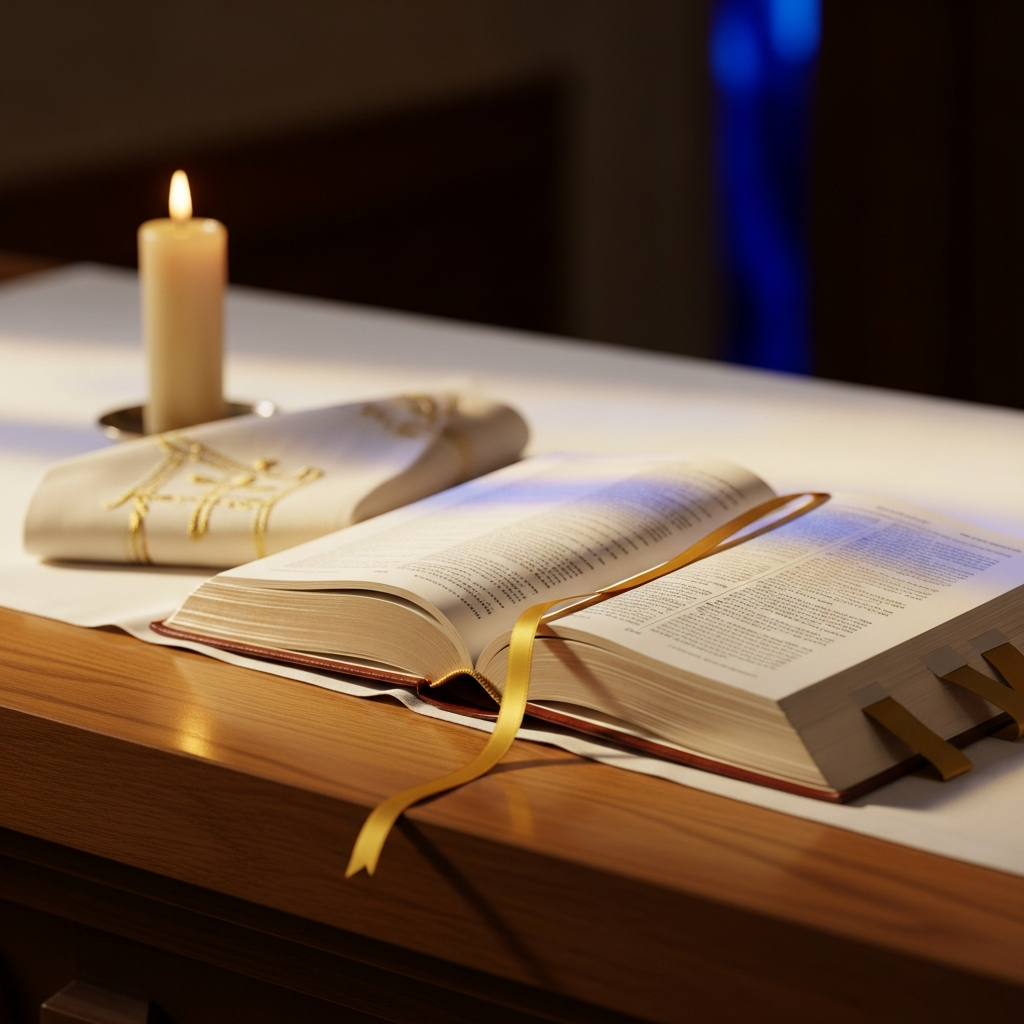 Open Roman Missal beside a lit candle on a wooden altar at Madonna Missionaries, ready for the celebration of the sacraments.