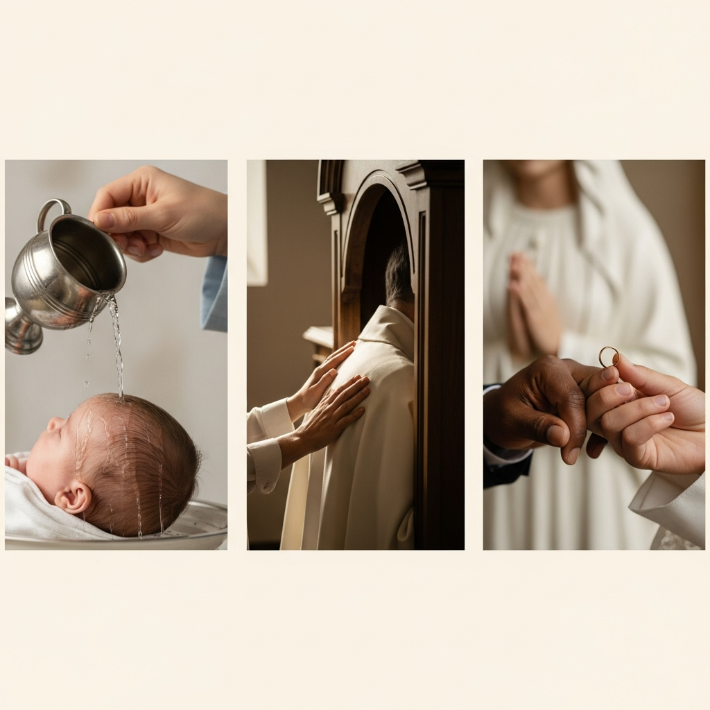 Triptych at Madonna Missionaries showing the three pathways of the sacraments — initiation, healing, and service.