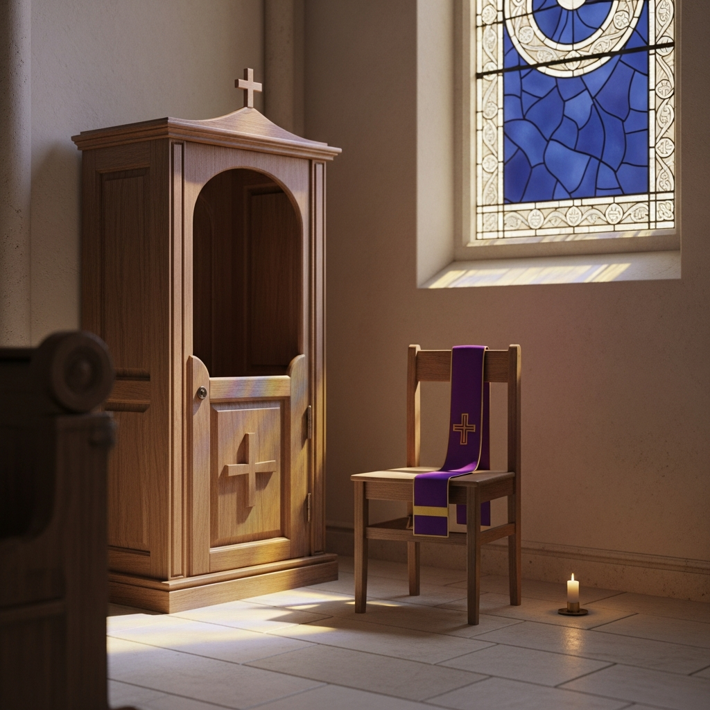 Wooden confessional with a purple stole at Madonna Missionaries, lit gently by stained-glass light.