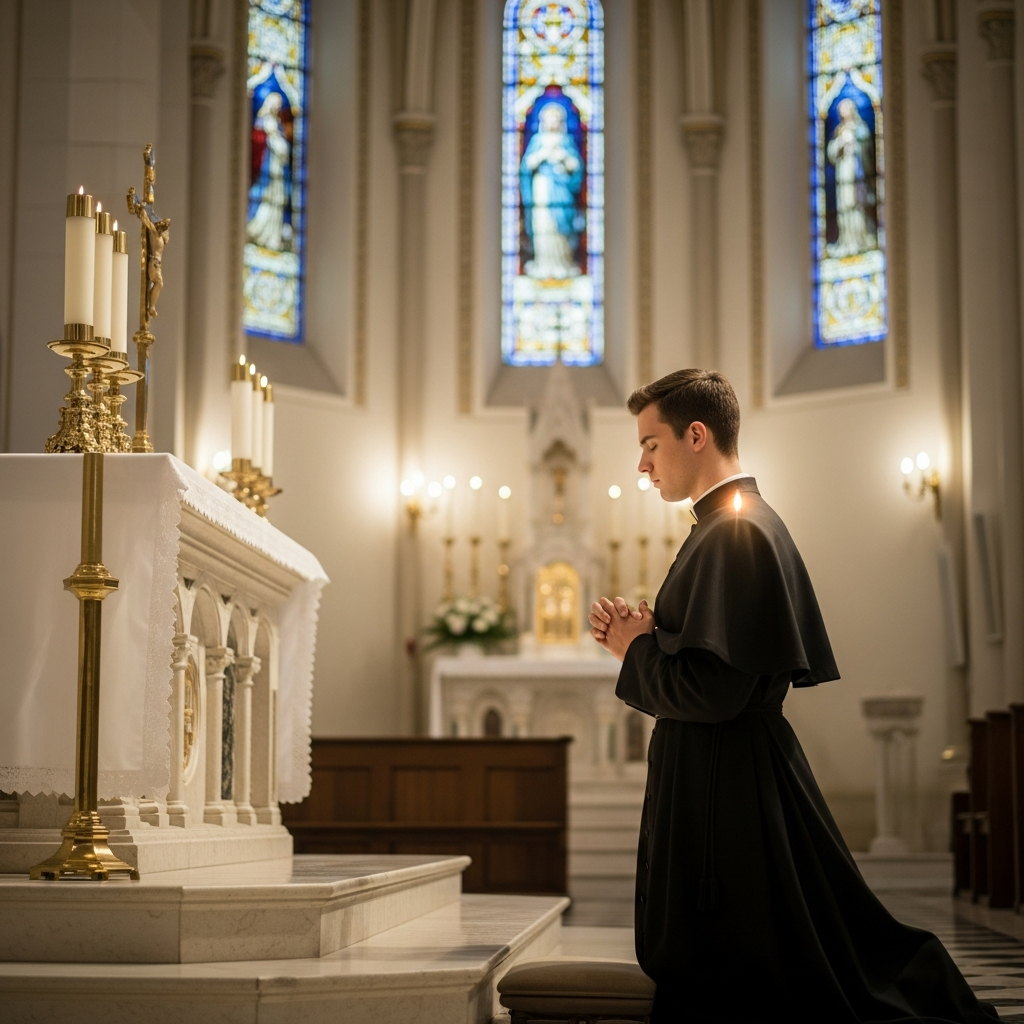 Young seminarian kneeling in prayer before the altar at Madonna Missionaries, discerning a call to Holy Orders.